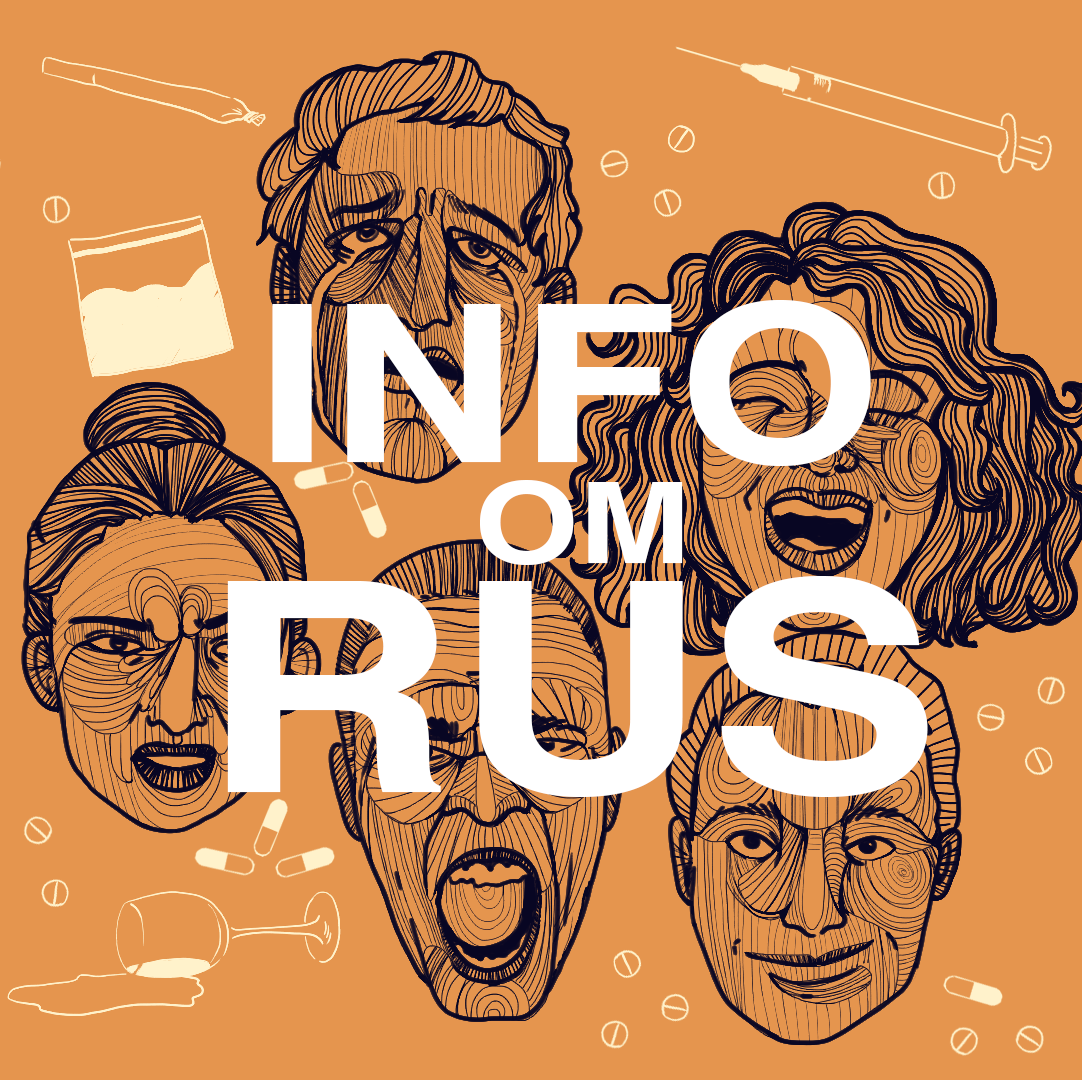 Illustrert cover for podkasten Info om Rus: ansikter omgitt av rusmidler på oransje bakgrunn