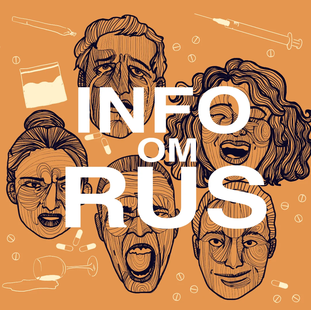 Illustrert cover for podkasten Info om Rus: ansikter omgitt av rusmidler på oransje bakgrunn